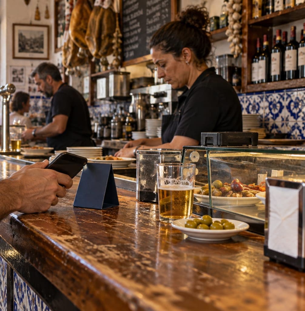Un cliente acerca el móvil a la tarjeta de mesa en la barra de un bar (imagen generada con IA)
