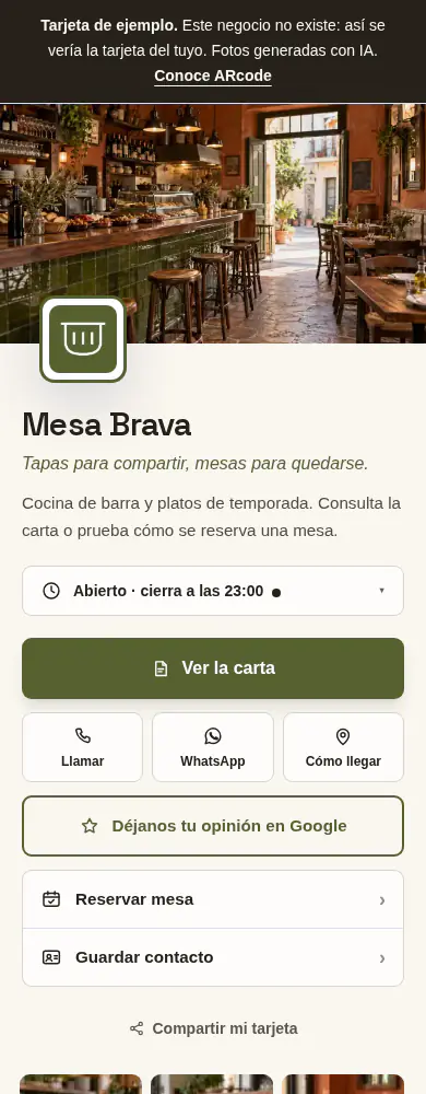 Captura real de Mesa Brava: carta, reservas y reseñas en la tarjeta de ARcode