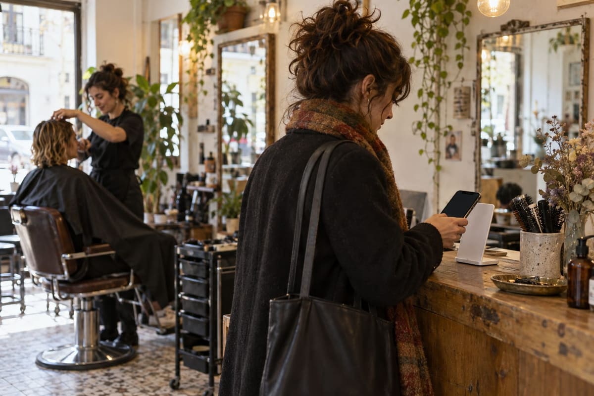 Una clienta acerca el móvil al soporte de mesa en el mostrador de una peluquería (imagen generada con IA)
