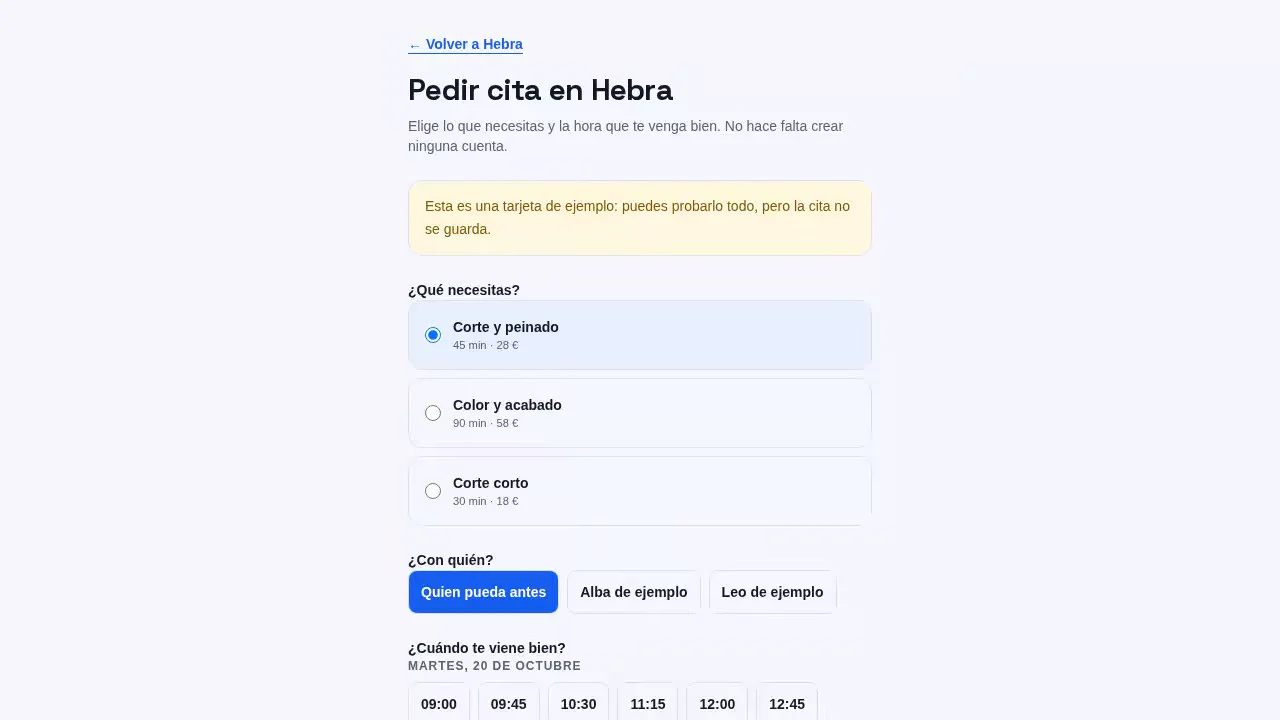 Agenda de ARcode con servicios, horarios y clases de ejemplo